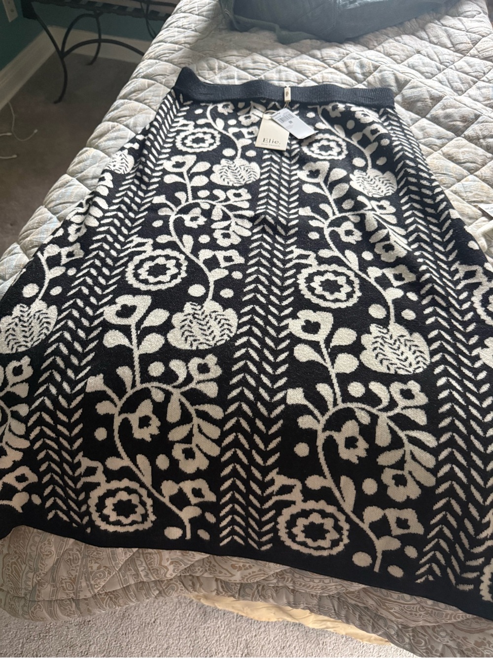 Elie Tahari Black and White Floral Midi Skirt